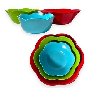 Melamine 3 Pc Serving Bowl Set Blue Red Green Scalloped Edge Party Event Holiday